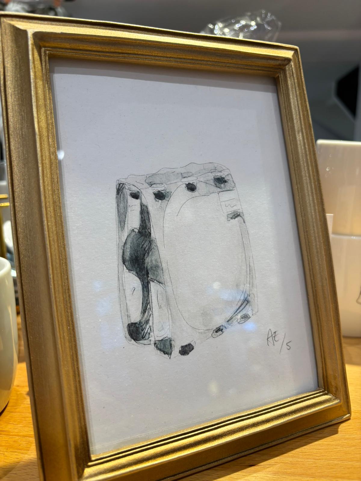 Aquarell Zeichnung Sechser Träger Bier in einem goldenen Rahmen