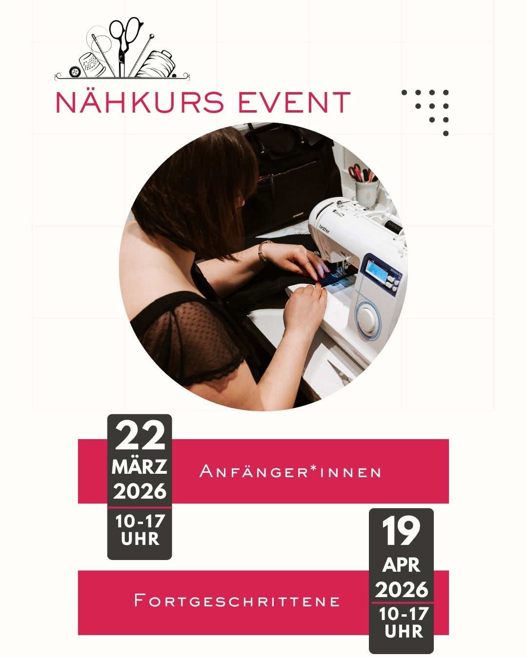 Nähkurs Frau sitzt an der Nähmaschine